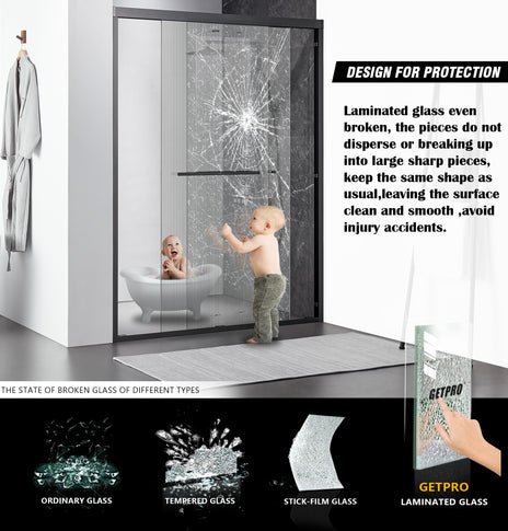 GETPRO 06 Laminated Glass Shower Doors Bypass Double Sliding Framed Shower Enclosure