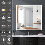 GETPRO LED Lighted Medicine Cabinet with Mirror for Bathroom 30x30 Double Door Surface Wall Mount Flip-Out Magnifying Mirror Door Storage Defogger 3 Color Lighting Dimmer Medicine Cabinets Black