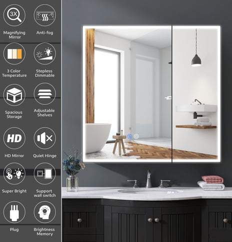 GETPRO LED Lighted Medicine Cabinet with Mirror for Bathroom 30x30 Double Door Surface Wall Mount Flip-Out Magnifying Mirror Door Storage Defogger 3 Color Lighting Dimmer Medicine Cabinets Black