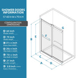 GETPRO Shower Doors 57-60'' W x 79'' H Brushed Nickel Frameless Glass Shower Door Double Sliding with Upgraded Soft Close Anti-Jumping System 3/8 inch Tempered Glass Noiseless & Width Adjustable