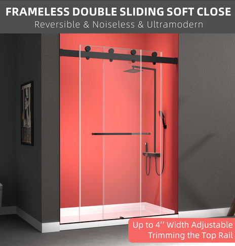 GETPRO Shower Doors with Soft Closing System 56-60" Width x 79"Height Frameless Double Sliding Glass Shower Door with 3/8" Tempered Clear Glass Aluminum Alloy Hardware Matt Black