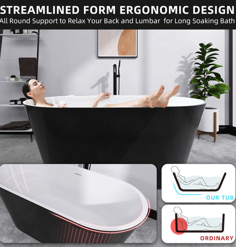 GETPRO Acrylic Free Standing Tubs Black 55 inch Classic Oval Shape Soaking Tub Adjustable Freestanding Bathtub with Integrated Slotted Overflow and Chrome Pop-up Drain Anti-clogging Glossy Black