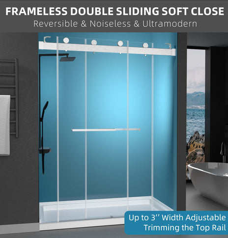 GETPRO Shower Doors 57-60'' W x 79'' H Brushed Nickel Frameless Glass Shower Door Double Sliding with Upgraded Soft Close Anti-Jumping System 3/8 inch Tempered Glass Noiseless & Width Adjustable