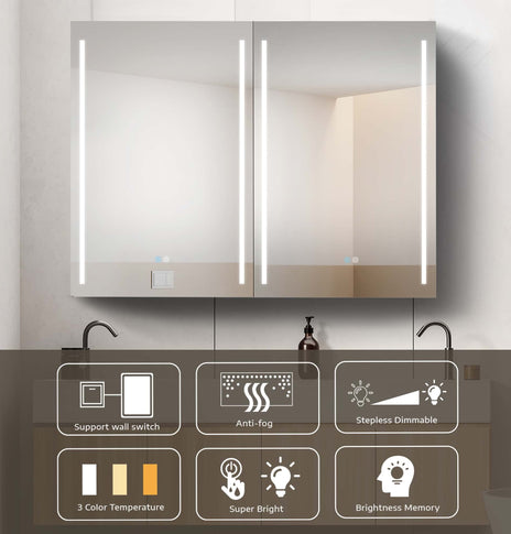 Getpro 40" W X30 H Medicine Cabinets LED Lighted Black Bathroom Medicine Cabinet Double Doors Modern Medicine Cabinet Anti-fogger 3 Color Lights Dimmable Brightness Medicine Cabinet with Storage