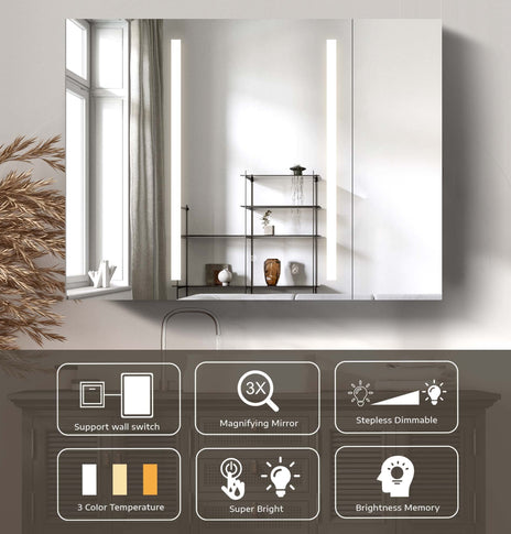 GETPRO Medicine Cabinets LED Lighted 40X30 Black Bathroom Medicine Cabinet Anti-Fog Function 3 Color Lights Dimmable Brightness Modern Three Doors Medicine Cabinet Surface Mounted Aluminum