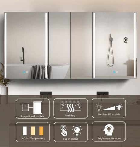 Getpro 60X30 Medicine Cabinets LED Lighted Bathroom Medicine Cabinet with Anti-fogger 3 Color Lights Dimmable Brightness Oversized Modern Medicine Cabinet Black Alumimum Waterproof