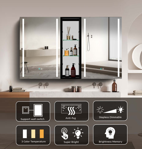 GETPRO Medicine Cabinets 50X30 LED Medicine Cabinet with Mirror for Bathroom 3 Color Lights Dimmable Brightness Anti Fogger Function Modern Design Lighted Medicine Cabinet