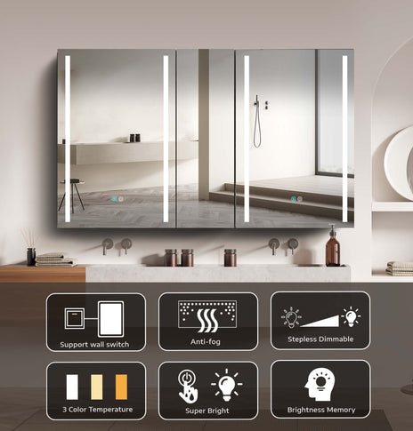GETPRO Medicine Cabinets 50 WX30 H Lighted LED Mirror Medicine Cabinet for Bathroom Three Doors Modern Medicine Cabinet with Lights Anti-fogger 3 Color Lights Dimmable Brightness