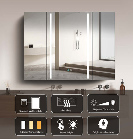 GETPRO Medicine Cabinets LED Lighted 40X30 Bathroom Medicine Cabinet Anti-Fog Function 3 Color Lights Dimmable Brightness Modern Three Doors Surface Mounted Aluminum Main Cabinet Left Door