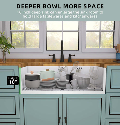 GETPRO Farmhouse Sink 36" Fireclay Apron Front Farm Sink Deep Single Bowl White Kitchen Sinks with Premium Accessories Protective Bottom Grid and Strainer