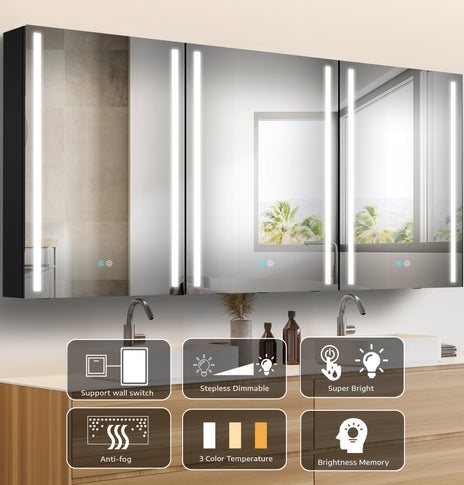 GETPRO Medicine Cabinets 60X30 LED Lighted Bathroom Medicine Cabinet Anti-fogger Dimmable Light Brightness Large Modern 3 Doors Medicine Cabinet Black Alumimum Waterproof